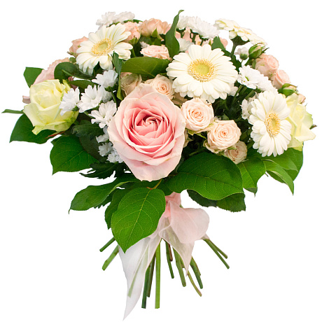 Букет из роз, гербер, хризантем и салала - Фото 1
