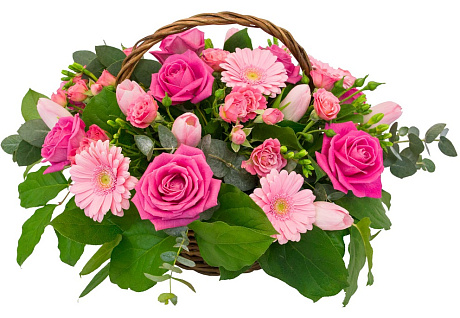 Букет из Розы, гербер, тюльпанов в корзине - Фото 1