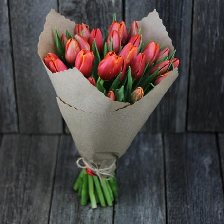 Букет 25 красно-рыжих Тюльпанов - Фото 1