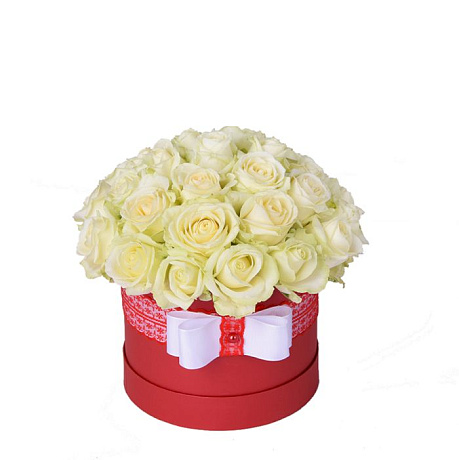 25 кремовых роз в красной шляпной коробке №234 - Фото 1