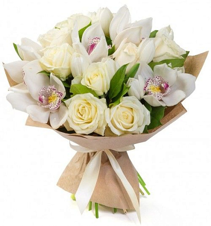 Букет из орхидей Цимбидиум, тюльпанов и роз - Фото 1