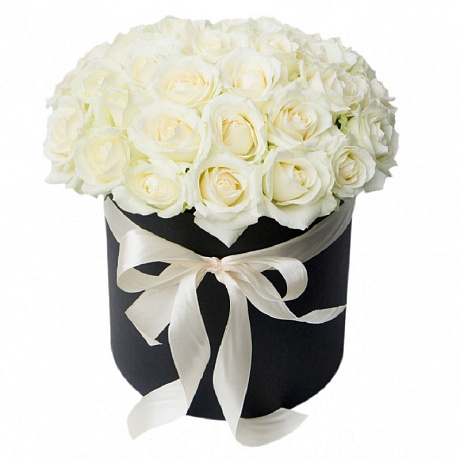 25 белых роз в черной шляпной коробке №175 - Фото 1