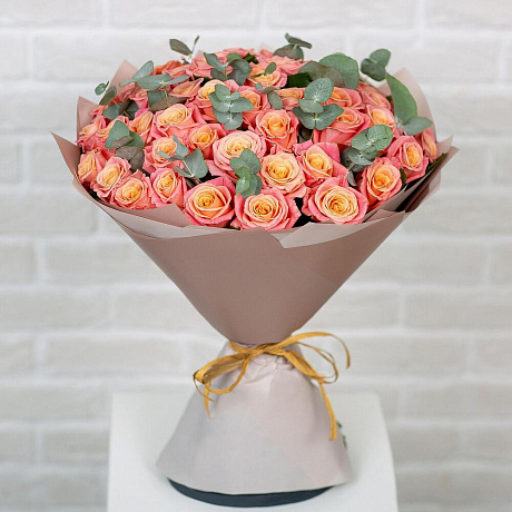 Букет цветов Голландские персиковые розы 60 см из 31 персиковой розы - Фото 1