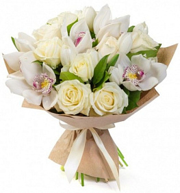 Букет из орхидей Цимбидиум, тюльпанов и роз