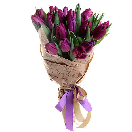 Букет из 19 фиолетовых тюльпанов в крафте - Фото 1
