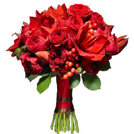 Букет из 31 пионовидной розы Пиано и гиперикума - Фото 1
