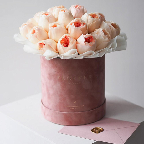 Розы Джульетта Дэвида Остина в кофейной бархатной коробке М - Фото 1