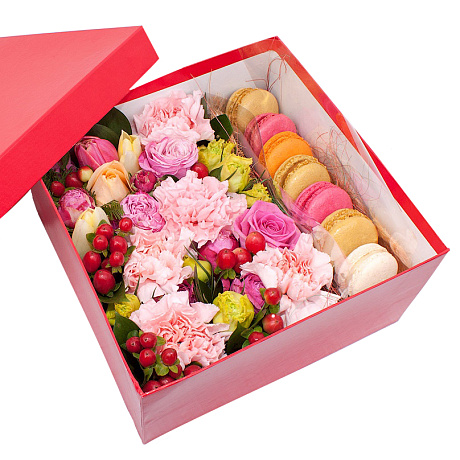 Цветы в коробке с макарони малая 2 - Фото 1