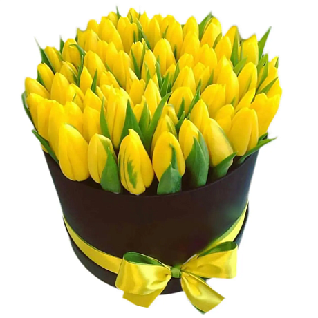 59 желтых тюльпанов в большой черной шляпной коробке №513 - Фото 1