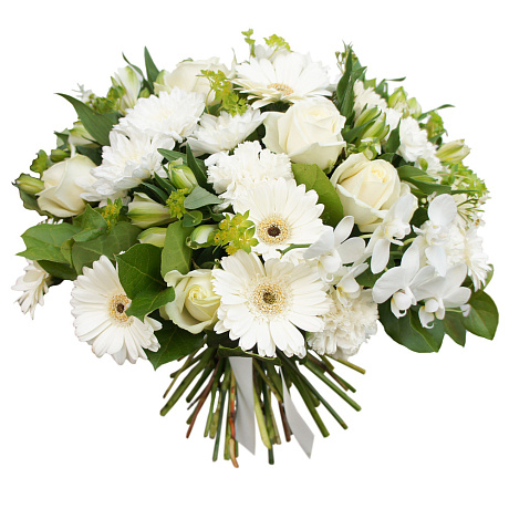 Букет из белых роз, гербер и хризантем - Фото 1