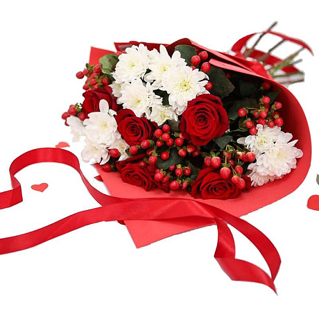 Букет из роз и хризантем с красной лентой - Фото 1