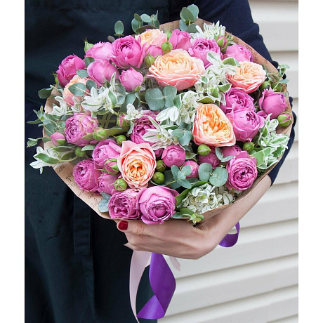 Букет цветов Ла-ла Ленд из 7 роз вувузела и 10 роз мисти баблс - Фото 1