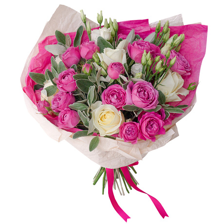 Букет из белых и розовых роз и лизиантуса - Фото 1