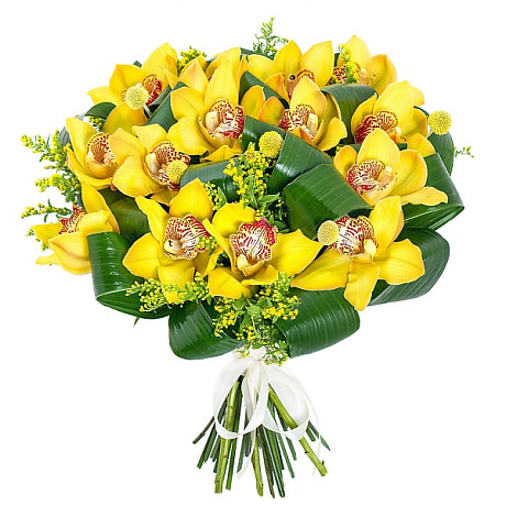 Желтый букет из орхидей, солидаго и краспедии - Фото 1