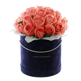 25 роз санрайз в черной шляпной коробке №586