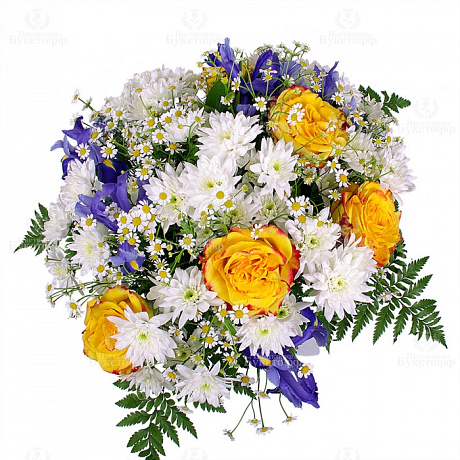 Букет из желтых роз, белых хризантем и ирисов - Фото 1