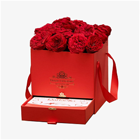 15 красных пионовидных роз Премиум в красной коробке шкатулке рафаэлло в подарок