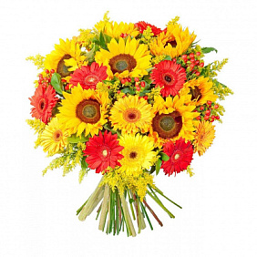 Букет из подсолнухов, гербер, гиперикума и солидаго
