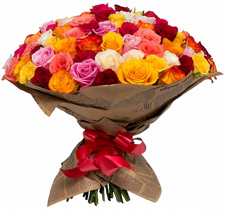 Букет из 101 разноцветной розы в крафте - Фото 1