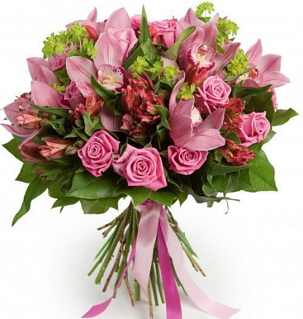 Букет из розовых роз, орхидей Цимбидиум и альстромерий - Фото 1