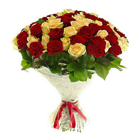 Букет из 101 разноцветной розы с лентой - Фото 1