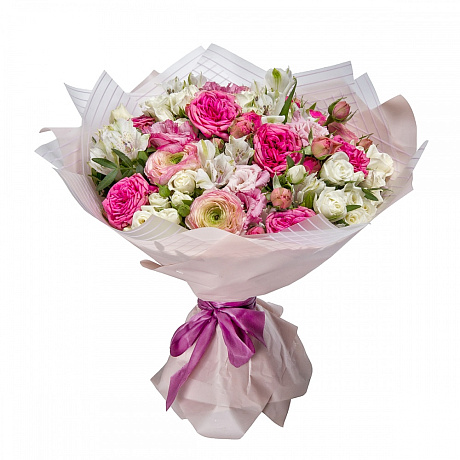 Букет цветов с пионовидными кустовыми розами - Фото 1