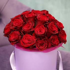 Букет в шляпной коробке из 25 красных premium роз 40 см (Эквадор)