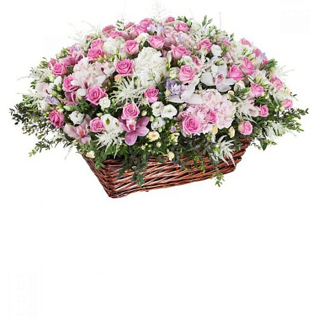 Большая корзина из гортензий, эустом, орхидей и кустовых роз - Фото 1