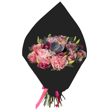 Букет из гвоздик, роз, лизиантуса и суккулента - Фото 1