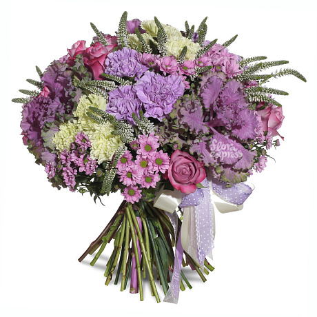 Букет из лиловых гвоздик, роз и брассики - Фото 1