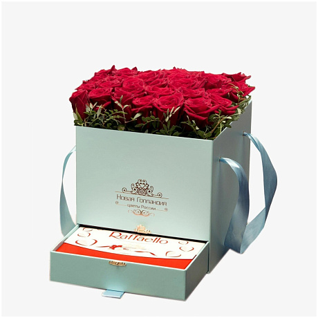 Коробка шкатулка Тиффани 25 красных роз Raffaello в подарок №402 - Фото 1