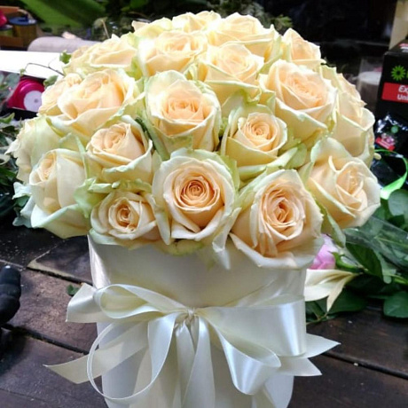 39 кремовых роз в шляпной коробке - Фото 1