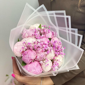 13 шикарных пионов с гипсофилой