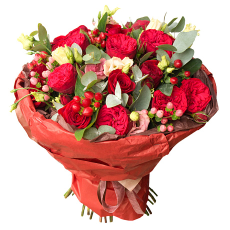 Букет из пионовидных роз, лизиантуса и гиперикума - Фото 1