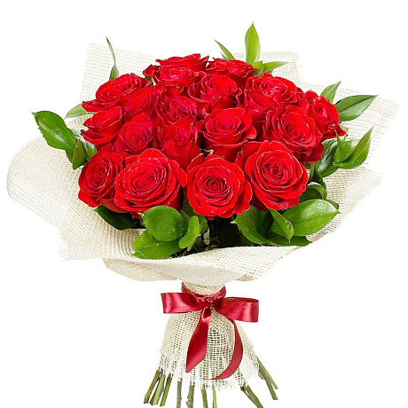 Букет из 21 красной розы и рускуса - Фото 1
