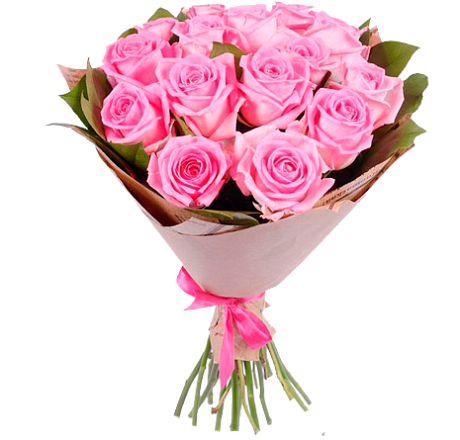 Букет из 15 розовых роз с салалом в крафте - Фото 1