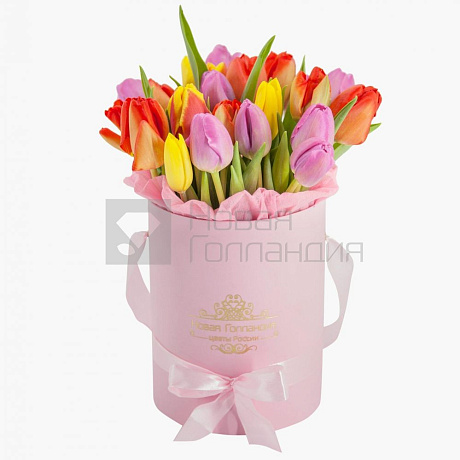 25 тюльпанов микс в розовой маленькой шляпной коробке №548 - Фото 1