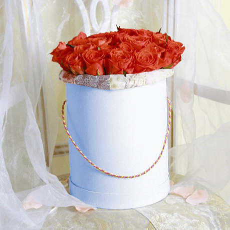 25 оранжевых роз в голубой шляпной коробке №188 - Фото 1