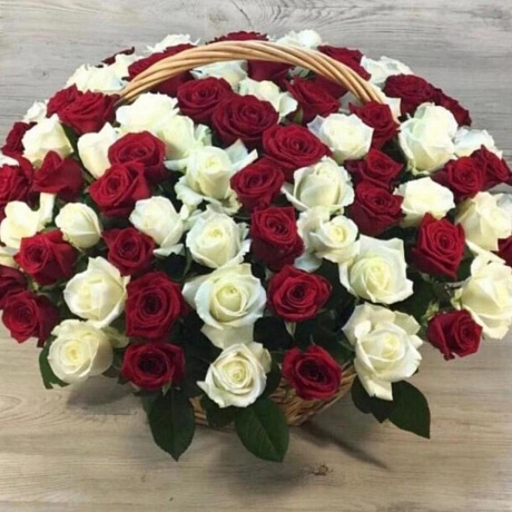 Корзина из 101 красно-белой розы - Фото 1