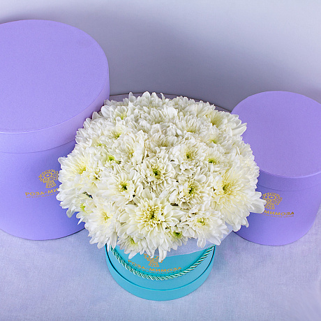 15 Белых хризантем в большой голубой коробке №255 - Фото 1