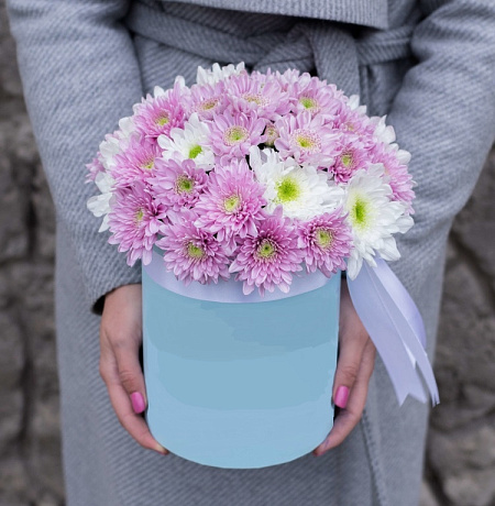 5 Розовых хризантем в маленькой голубой коробке №279 - Фото 1