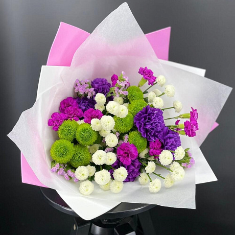 Яркий букет из диантусов и хризантем - Фото 1