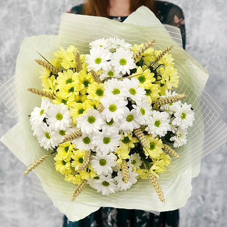 Букет из хризантем и колосков пшеницы Ах, это  лето №2 - Фото 1