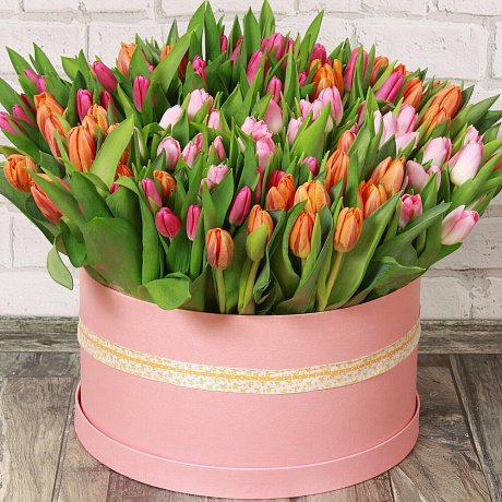 Букет цветов в коробке Весеннее счастье из 151 тюльпана - Фото 1