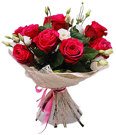 Букет из 9 красных роз и лизиантуса - Фото 1