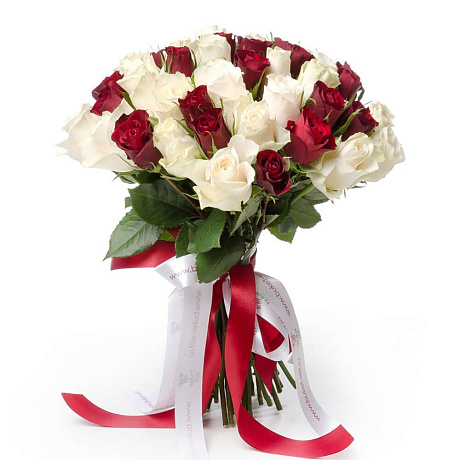 51 красно-белая роза под ленту (Кения) - Фото 1