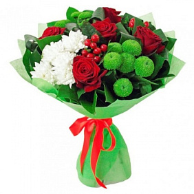 Красивый букет из роз и хризантем «Чудное утро»