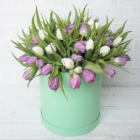 Белые и фиолетовые тюльпаны в шляпной коробке