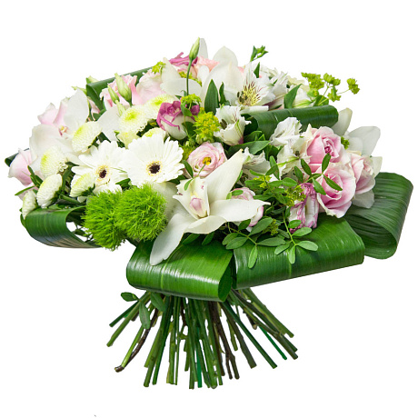 Букет из гербер, орхидей, альстромерий и лизиантуса - Фото 1