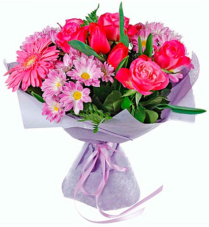 Букет из гербер, роз, хризантем и тюльпанов - Фото 1